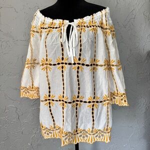 White and Gold Embroidered Women's Top with eyelets off the shoulder blouse cute